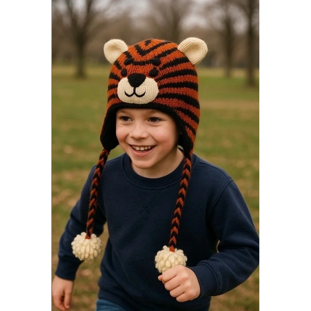 Kids Tiger Wool Knit Trapper Hat Orange Black Striped Animal Beanie Fleece Lined